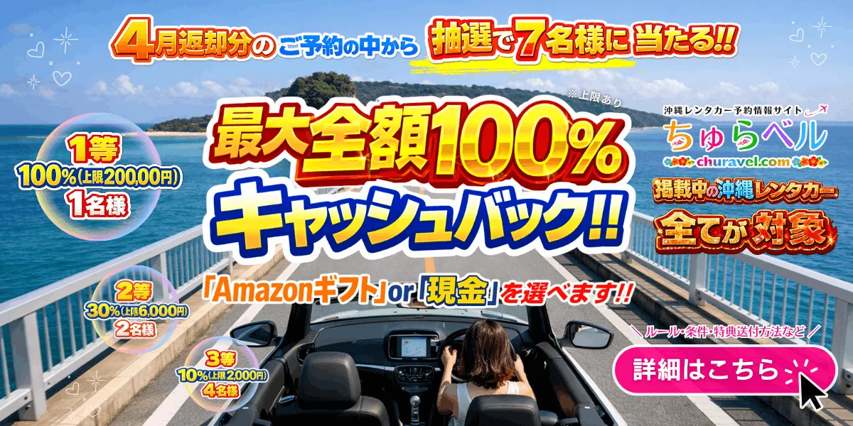 4月返却分のご予約の中から抽選で7名様に当たる!! 最大全額100％キャッシュバック!!